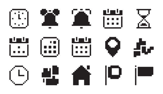 Pixel art time and location icons set. simple digital graphic elements in retro style.