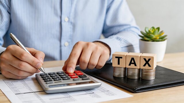 Businessman calculating tax payments using calculator and documents, wooden blocks spelling tax on coins stack, financial accounting concept, income tax return preparation, fiscal