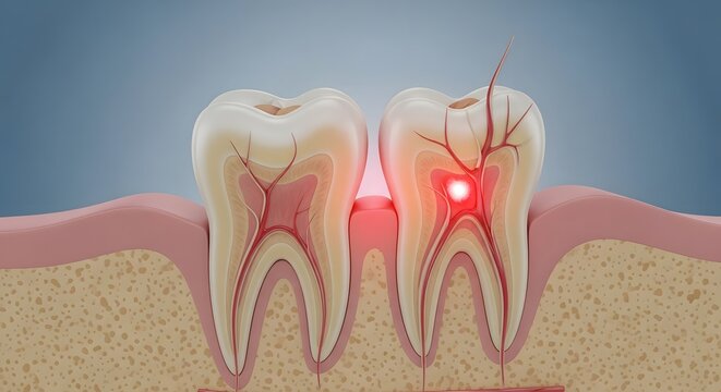 Dental Pain & Infection: Cross-section of inflamed tooth with exposed nerve & decay. Pulpitis illustration.
