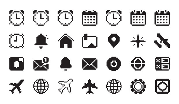 Universal pixel art icon collection featuring weather location travel and time elements.