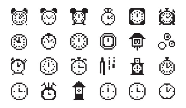 Retro pixel clock icons collection featuring various alarm clocks stopwatches and timers.