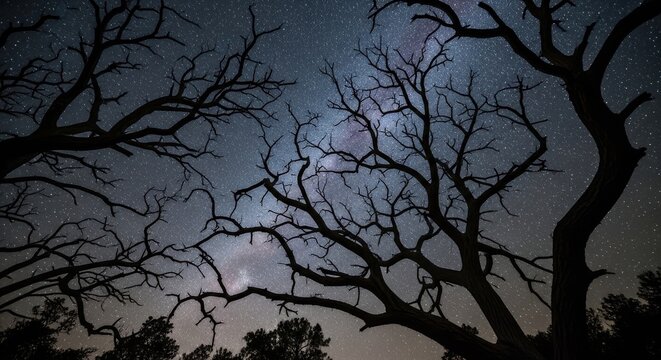 Gnarled tree branches against a starry night sky