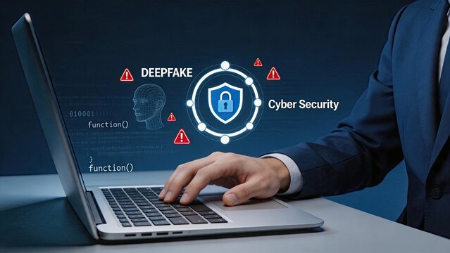Cyber security protection deepfake threat detection on laptop screen, shield lock icon warning alerts for artificial intelligence fraud safety data privacy network defense concept