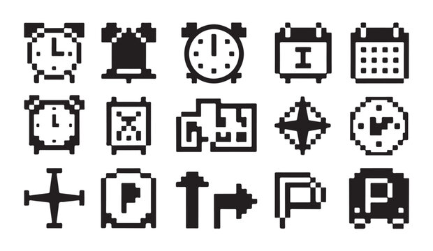 Set of pixel art icons representing clocks calendars and various industrial design shapes.