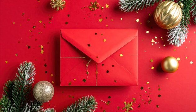 Red Envelope with Christmas Decorations and Ornaments.