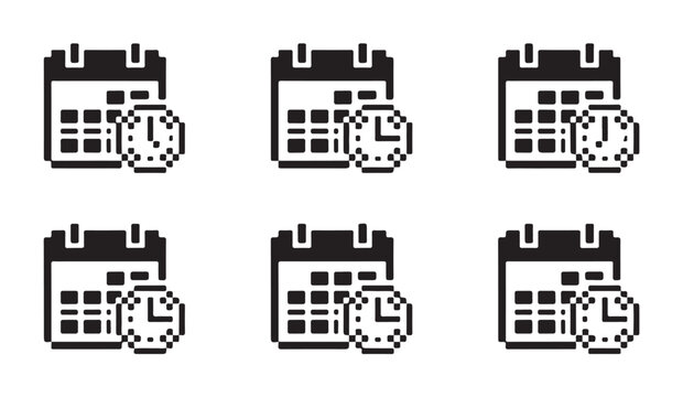Pixel art calendar icons with integrated clock symbol for time and date management.