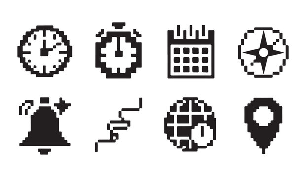 Assorted pixel icons featuring compass globe bell calendar and directional navigation sign.