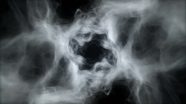 White smoke swirling in circular pattern on black background. Atmospheric vapor clouds forming abstract ring. Ethereal mist motion footage for cinematic transitions. Dark mystery effects.