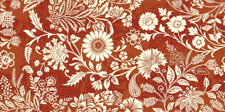 Antique oriental floral vector pattern. Seamless traditional indian chintz textile design with rust orange background.