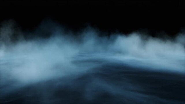 Abstract flowing smoke patterns on dark background. Blue and white wispy tendrils swirling horizontally across black space. Seamless loopable motion for atmospheric visual effects.