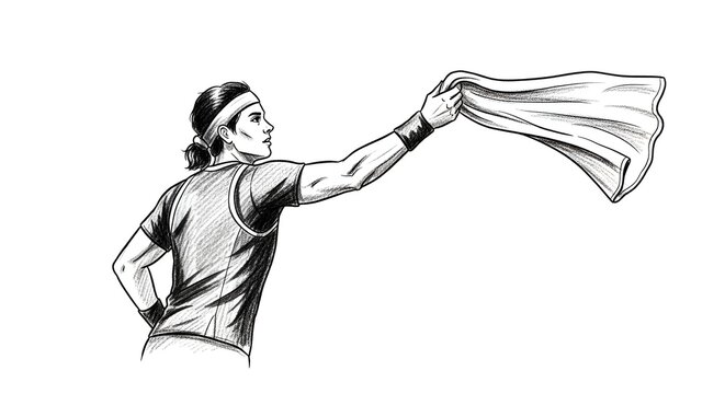 Athletic woman waving white flag in dynamic action pose.