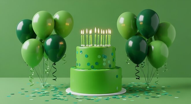 Green birthday cake with balloons and lit candles for celebration