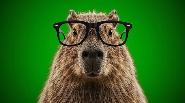 A close-up, head-on studio portrait of a capybara wearing eyeglasses against a plain green background, looking directly at the camera