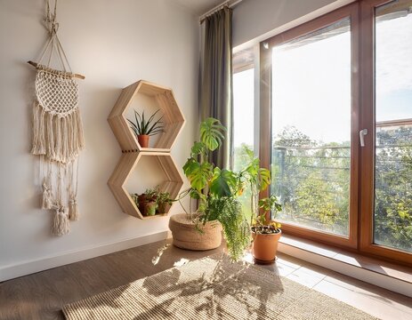 a serene indoor space featuring a honeycomb plant shelf and a macrame plant hanger near a window