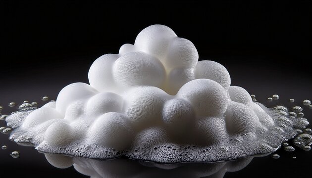 a pile of fluffy white soap foam isolated on a dark background for hygiene concepts isolated on white background