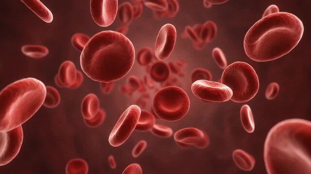 Blood cells and red blood corpuscles in human circulatory system. Microscopic close-up view of erythrocytes flowing through bloodstream. Medical science and hematology research concept.