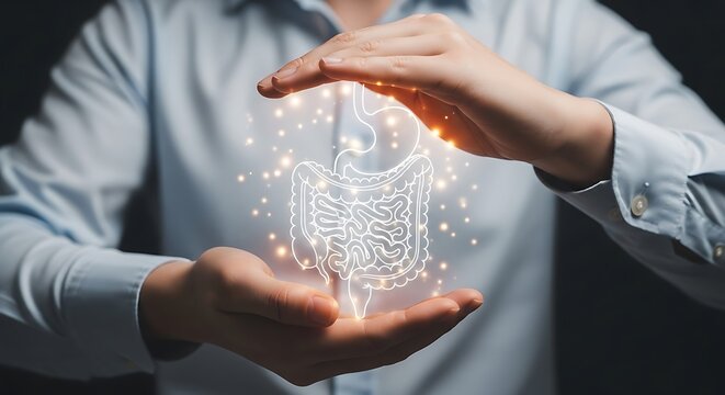 Hands protecting animated illustration of digestive system anatomy