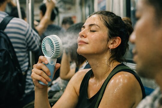 Sweaty young woman closing her eyes in relief while cooling down with a portable water misting fan inside a crowded, hot public subway train during a summer heatwave commute.
