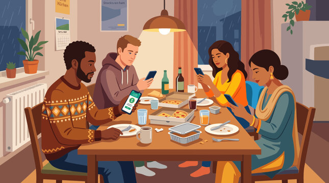 Diverse Friends Using Smartphones During Pizza Dinner Indoors