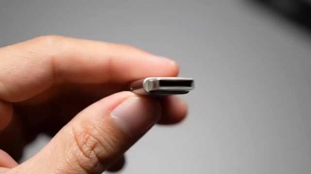 Close-up shot of a person's hand holding a USB-C connector, highlighting its sleek metallic design and modern technology