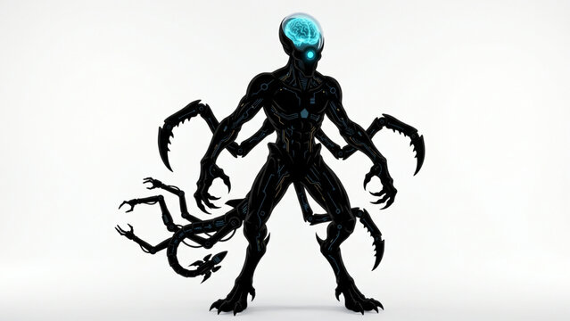Futuristic cyborg robot character with multiple arms illustration