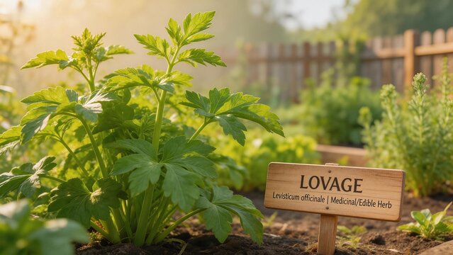 Lovage plant in garden with sign