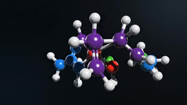 Rotating Molecular Structure of Chemical Compound with Colorful Atoms and Bonds against Black Background