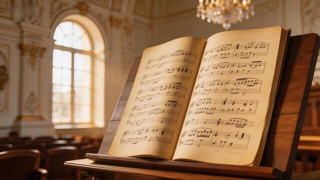Open music sheet in ornate room