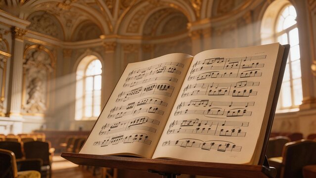 Music sheet in ornate hall with sunlight