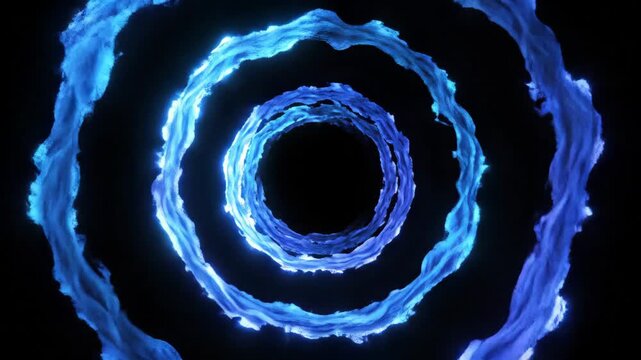 Abstract swirling blue water vortex tunnels with glowing light effects on a dark background.