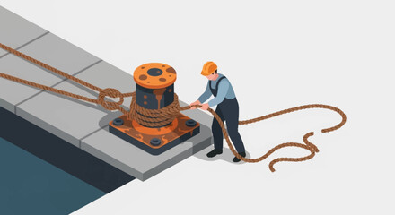 Man in hard hat pulling rope on winch. © agussssss