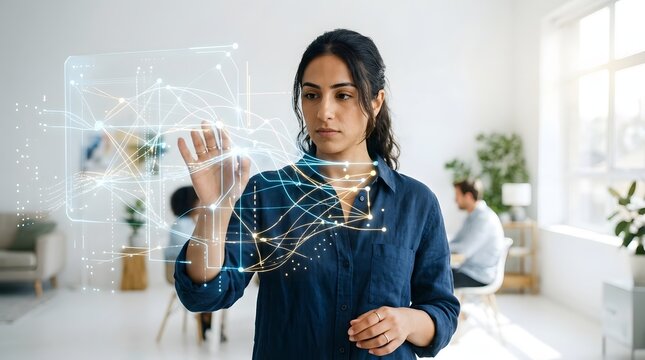 Businesswoman Interacting with Futuristic Digital Hologram Interface for Big Data Analytics and AI in Modern Office