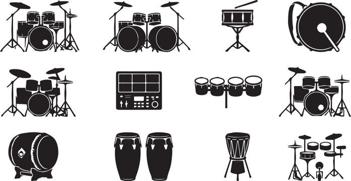 Drum silhouette icon set, black vector acoustic drum kit and percussion instrument collection