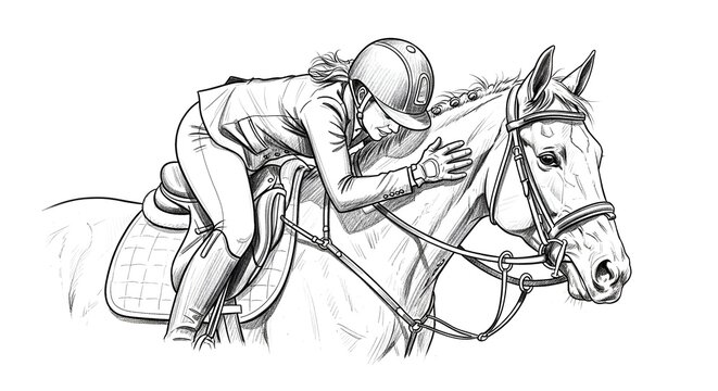 Jockey riding galloping racehorse in dynamic action sketch.