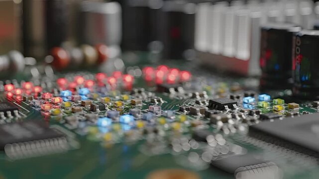 Closeup of a Circuit Board with Blinking LEDs.