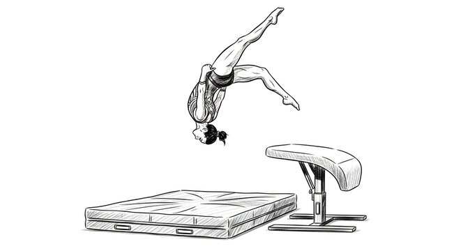 Gymnast performing vault over pommel horse apparatus setup.