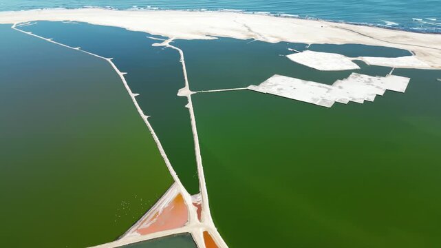 Aerial view of vast salt ponds with vibrant green and pink water, showcasing industrial evaporation process.