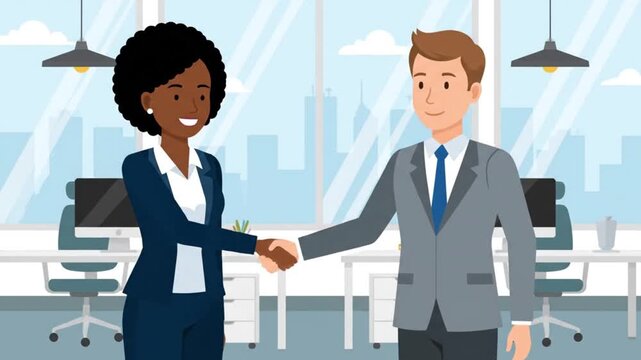 Business Handshake Between Diverse Partners in Modern Office Flat Vector Illustration