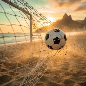 Soccer ball in net on beach at sunset on white background not present