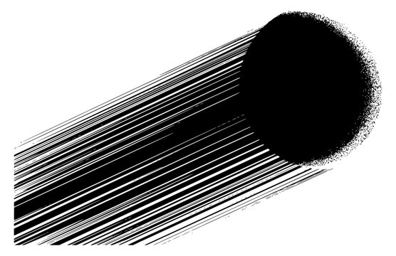 Dynamic black sphere flying with fast motion speed lines isolated on a white background. Abstract vector illustration of a moving comet, meteor blast, cannonball, or rapid acceleration.