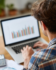 Man works at desk with laptop showing colorful bar chart. Hands type actively, focused on data analysis. Desk holds calculator and papers, cluttered yet functional
