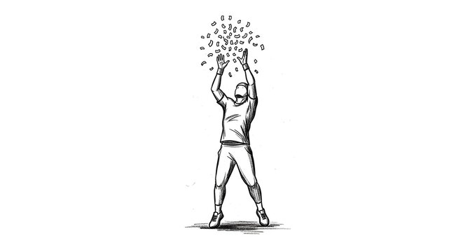 Illustration of person overwhelmed by bursting ideas and thoughts.