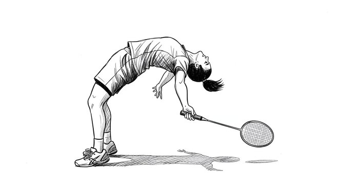 Athlete bending down to pick up badminton racket illustration.