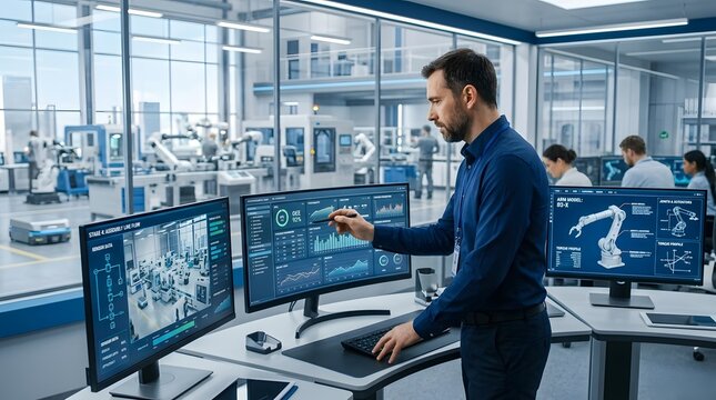 Engineer Analyzing Data on Manufacturing Robot Control Systems