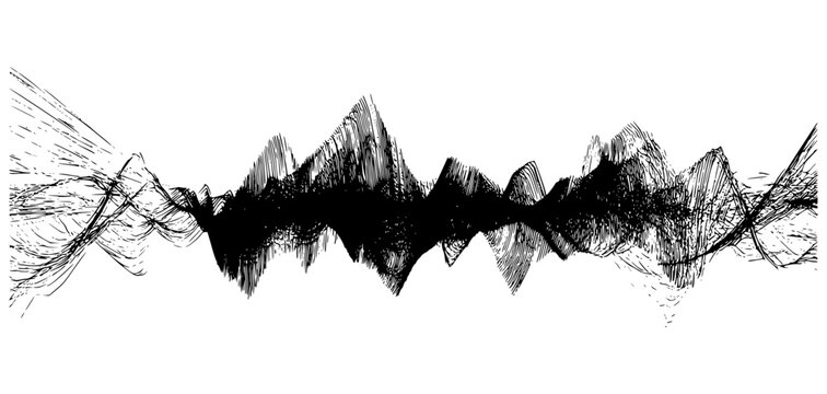Abstract black audio soundwave and frequency wave lines isolated on white. Conceptual digital graphic equalizer vector banner representing electronic music, podcast voice, and data noise.