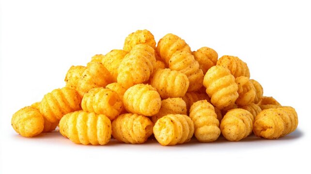 Pile of crunchy corn puffs on white background. Artificial intelligence image