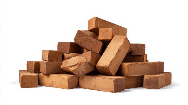 Pile of red bricks on white background. Artificial intelligence image