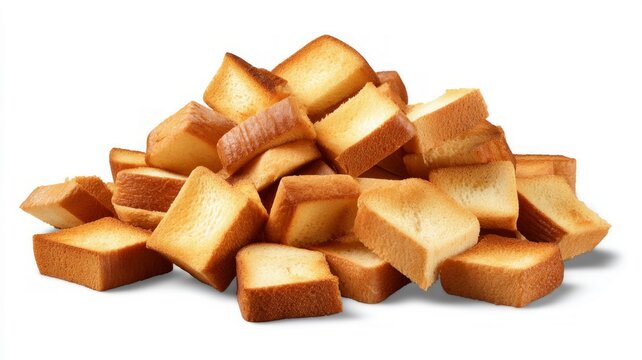 Toasted bread slices piled on white background. Artificial intelligence image