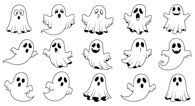 Cartoon ghosts with various expressions.