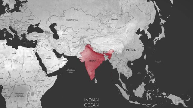 Geographic political world map highlighting the nation of india in red, situated in south asia near china